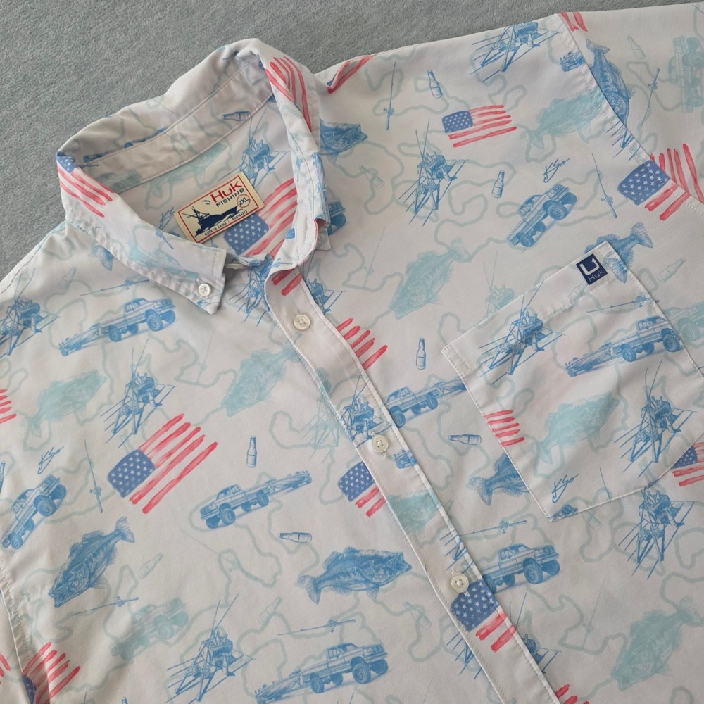 Huk Fishing Mens 2XL Button Down Shirt American Flag Bass Truck Patriotic XXL